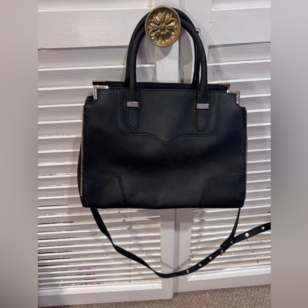 Rebecca Minkoff Black Saffiano Leather Satchel Crossbody Bag Gold Hardware - Picture 4 of 5